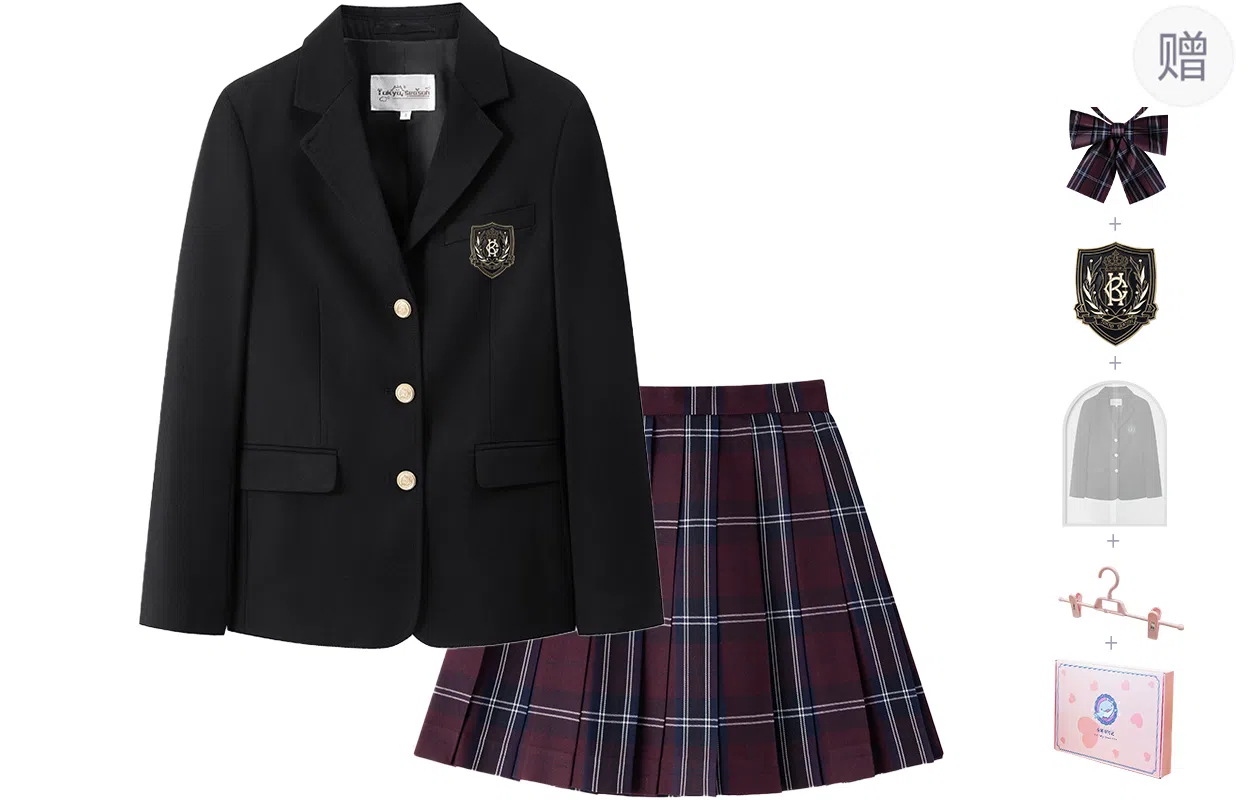 东鲸岁时记 学院风开学季纯色西服格纹中腰修身半裙制服 女款 黑色+红色