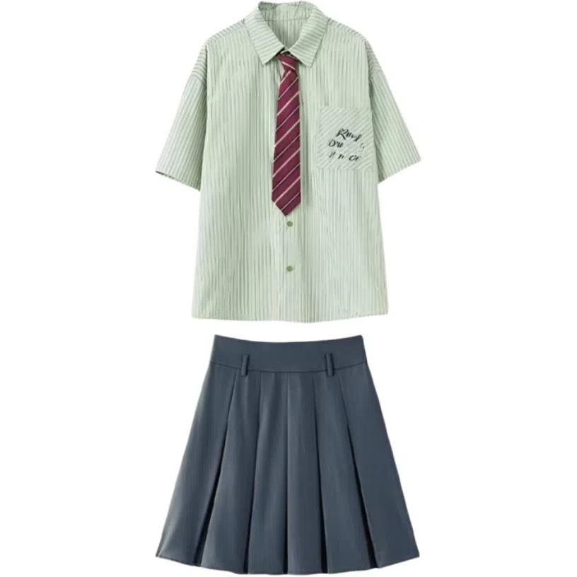 木清清 港风条纹短袖衬衫百褶裙日系学院风小个子裙装套装 女款