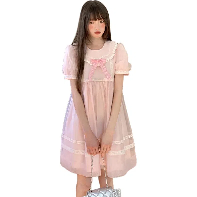 东鲸岁时记 可爱甜美独特绝美小裙子短袖连衣裙萝莉装 女款 粉色