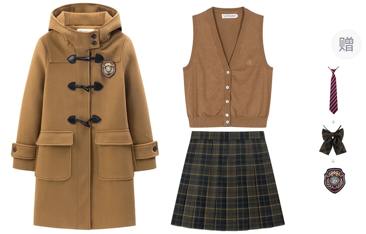 东鲸岁时记 穿搭学院风中长款牛角扣大衣针织开衫百褶裙通勤保暖制服 女款 驼色