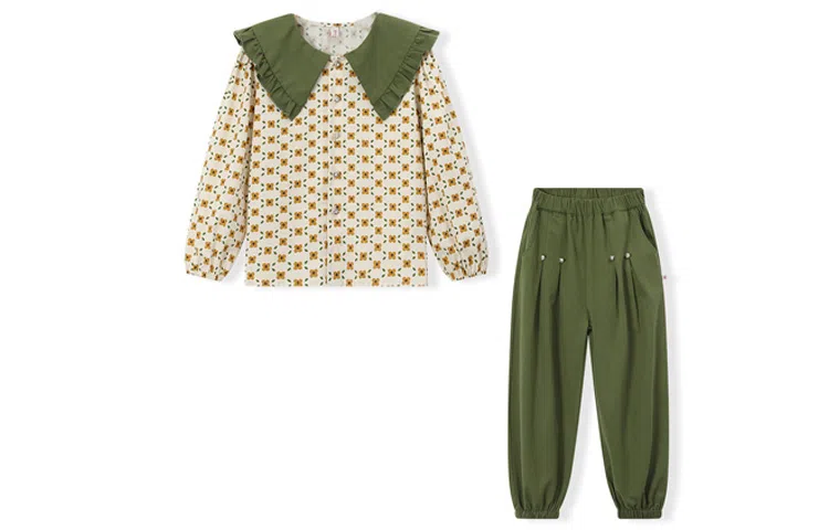 梦特娇 童装 法式碎花长袖衬衫纯棉束脚休闲裤衬衫套装 女童 绿色