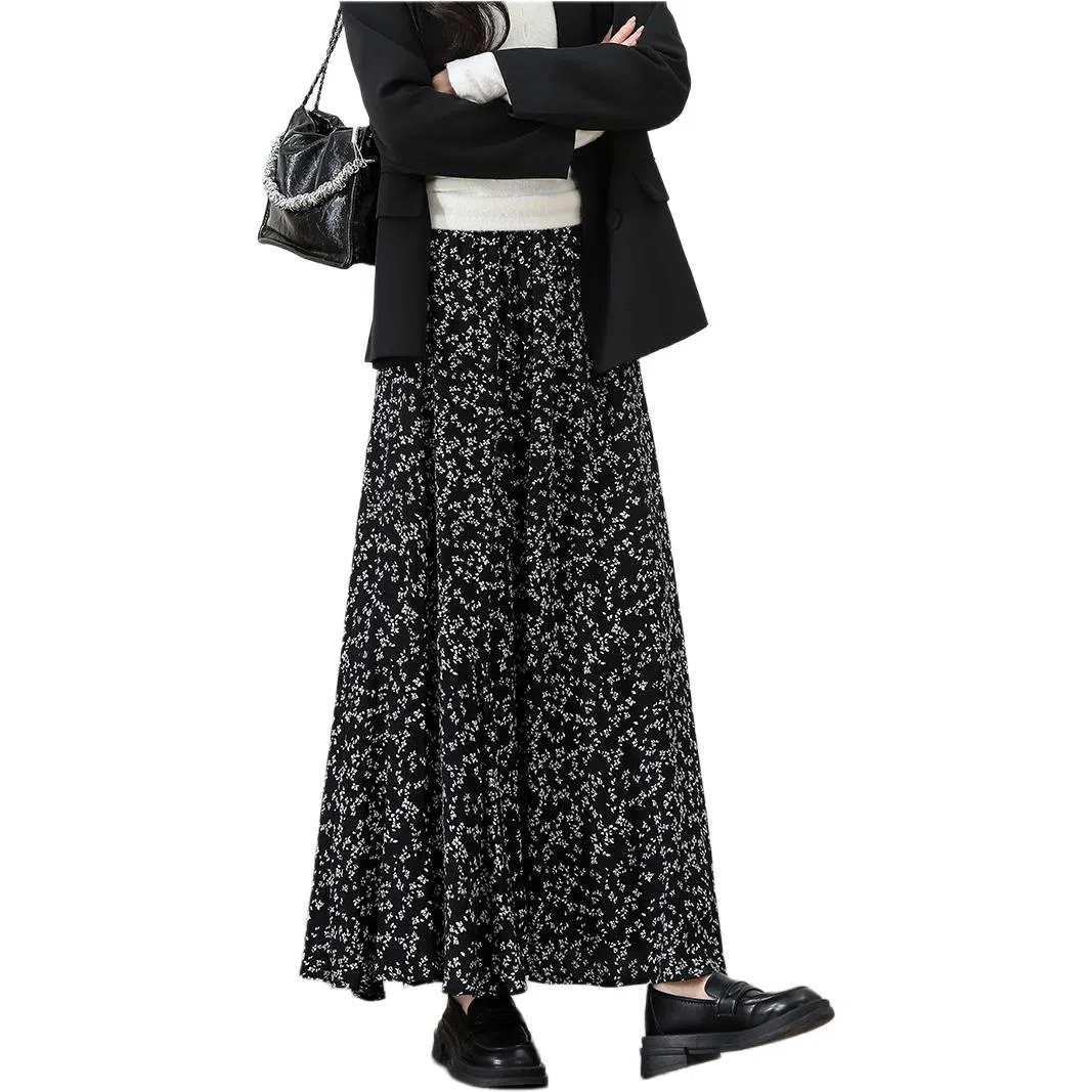 法文箱子 碎花高腰中长款休闲长裙 女款 黑色