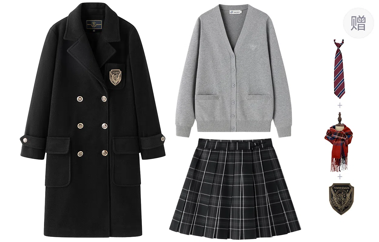 东鲸岁时记 韩剧穿搭保暖毛呢双排扣毛绒大衣针织开衫百褶裙制服 女款 黑色