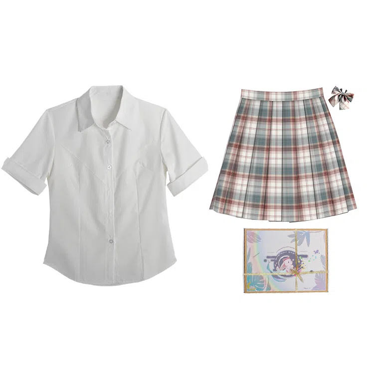 兔半眠 出纯色简约短袖衬衫格子中腰半身裙制服 女款