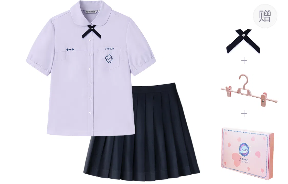 东鲸岁时记 泰式校服毕业季小清新穿搭学院风套装夏日多巴胺一整套翻领泡泡袖领结短袖衬衫纯色舒适百褶半身裙制服 女款 礼盒装