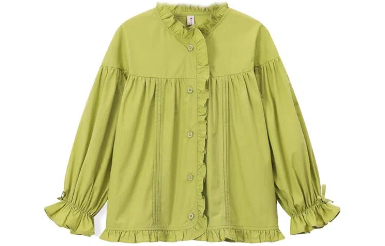 梦特娇 童装 纯色木耳边长袖衬衫 女童 黄绿色