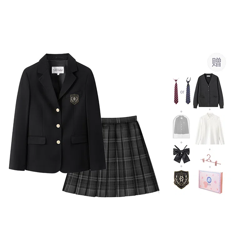 东鲸岁时记 学院风开学季舒适上衣格纹中腰合身半裙制服 女款 黑色