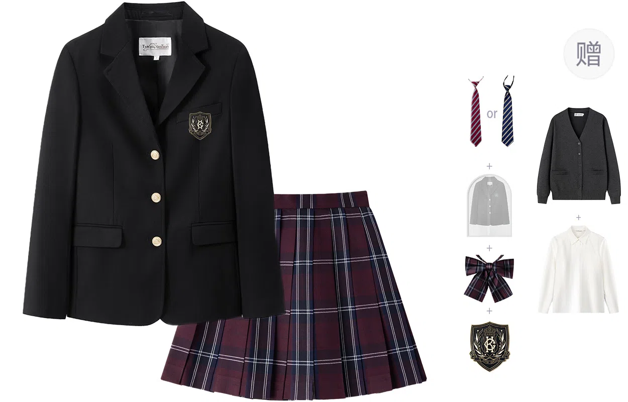 东鲸岁时记 学院风开学季舒适上衣格纹中腰合身半裙制服 女款 黑色