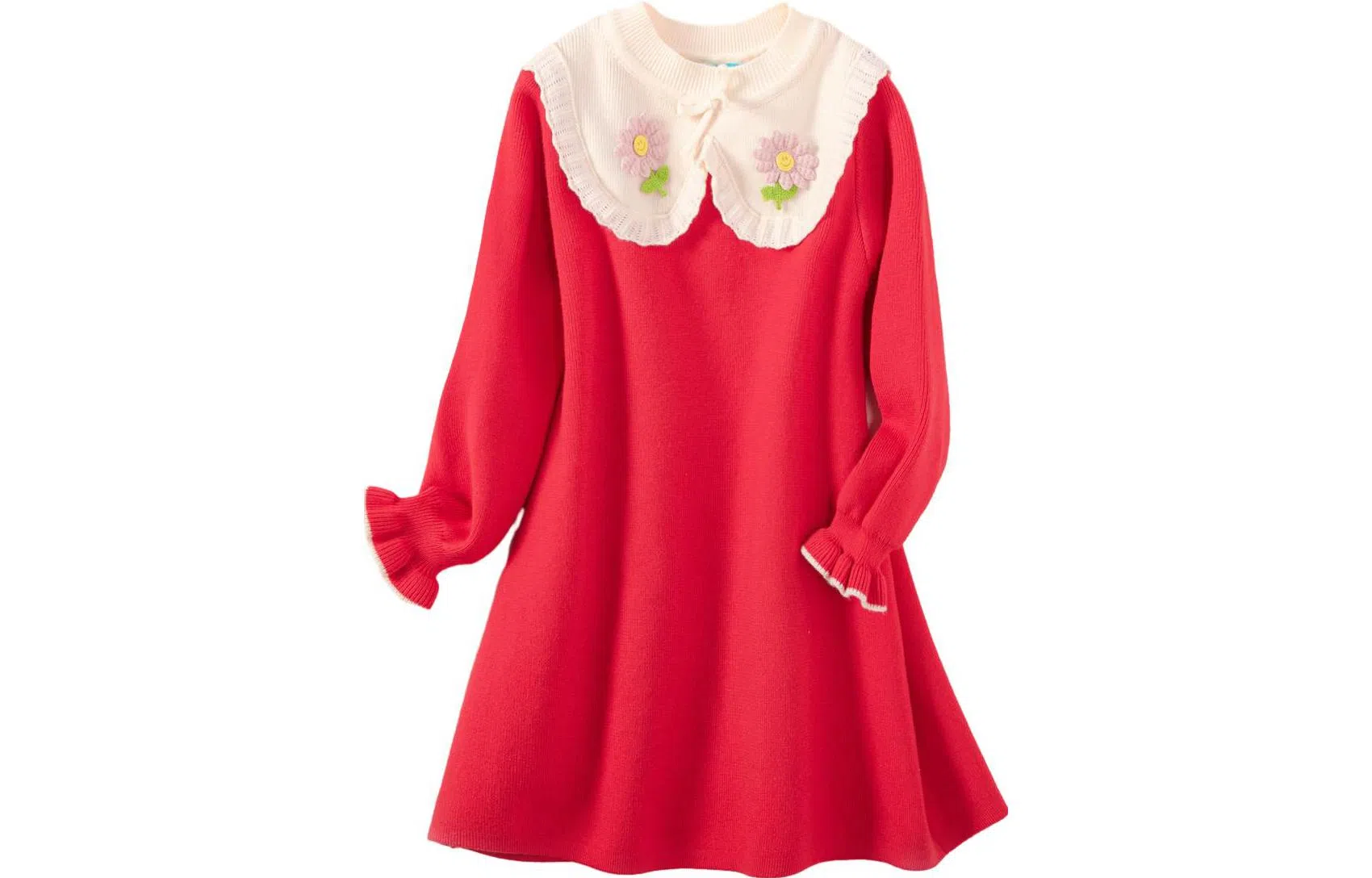 十月妈咪 童装 荷叶领休闲宽松长袖儿童连衣裙 女童 宝石红