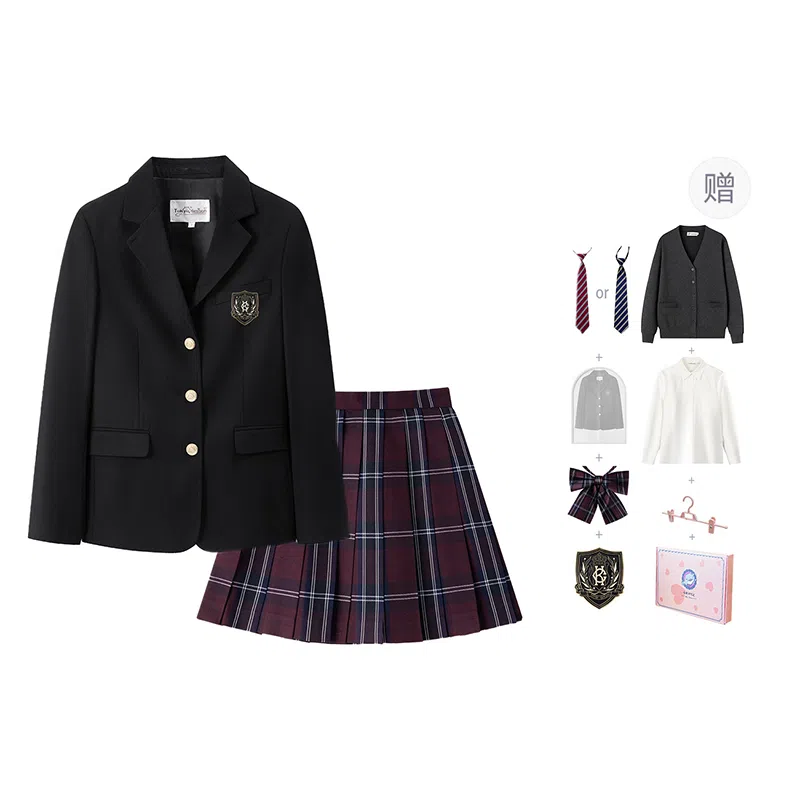 东鲸岁时记 学院风纯色开衫修身上衣格子百褶短裙制服 女款 礼盒装