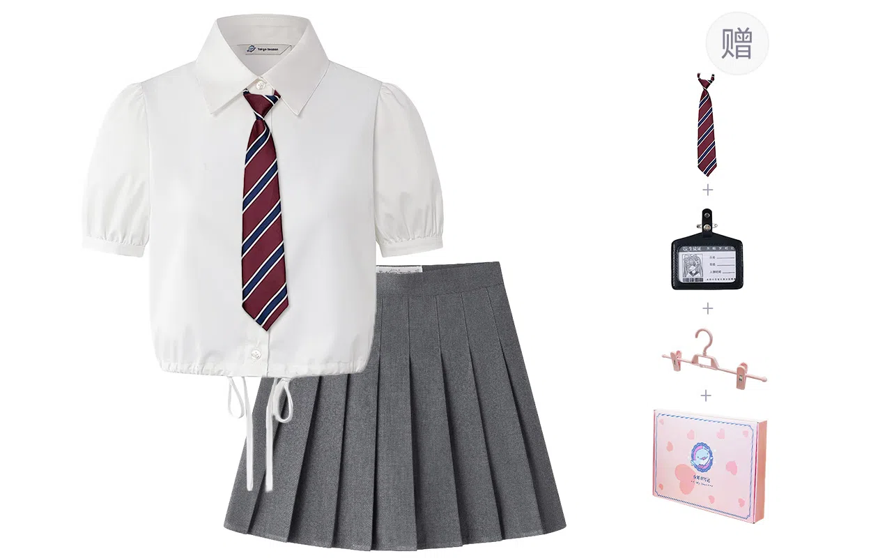 东鲸岁时记 学院风纯色翻领泡泡袖短袖衬衫百褶裙制服 女款 礼盒装