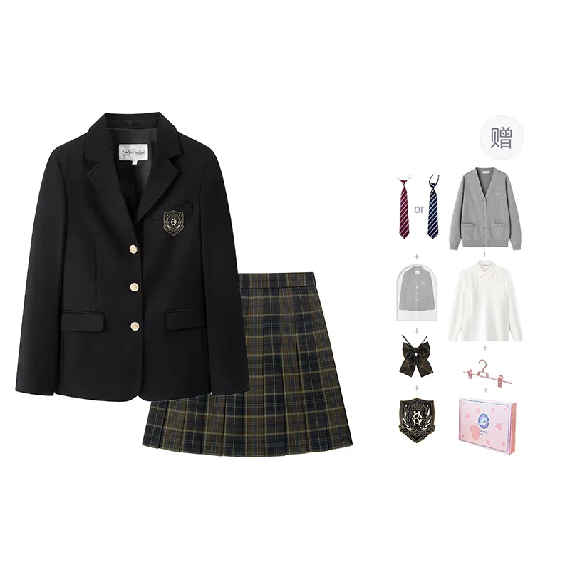 东鲸岁时记 学院风修身长袖上衣格子百褶短裙制服 女款 礼盒装