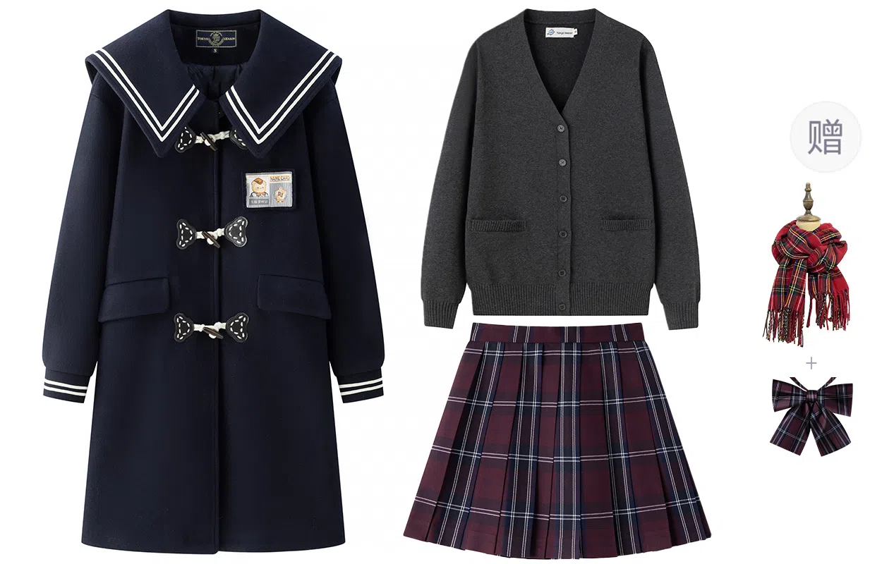 东鲸岁时记 海军领牛角扣大衣纯色针织衫格纹短裙制服 女款