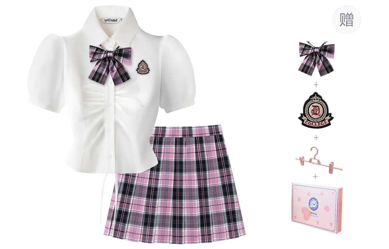 东鲸岁时记 纯色舒适修身收腰短袖衬衫百褶时尚半身裙制服 女款