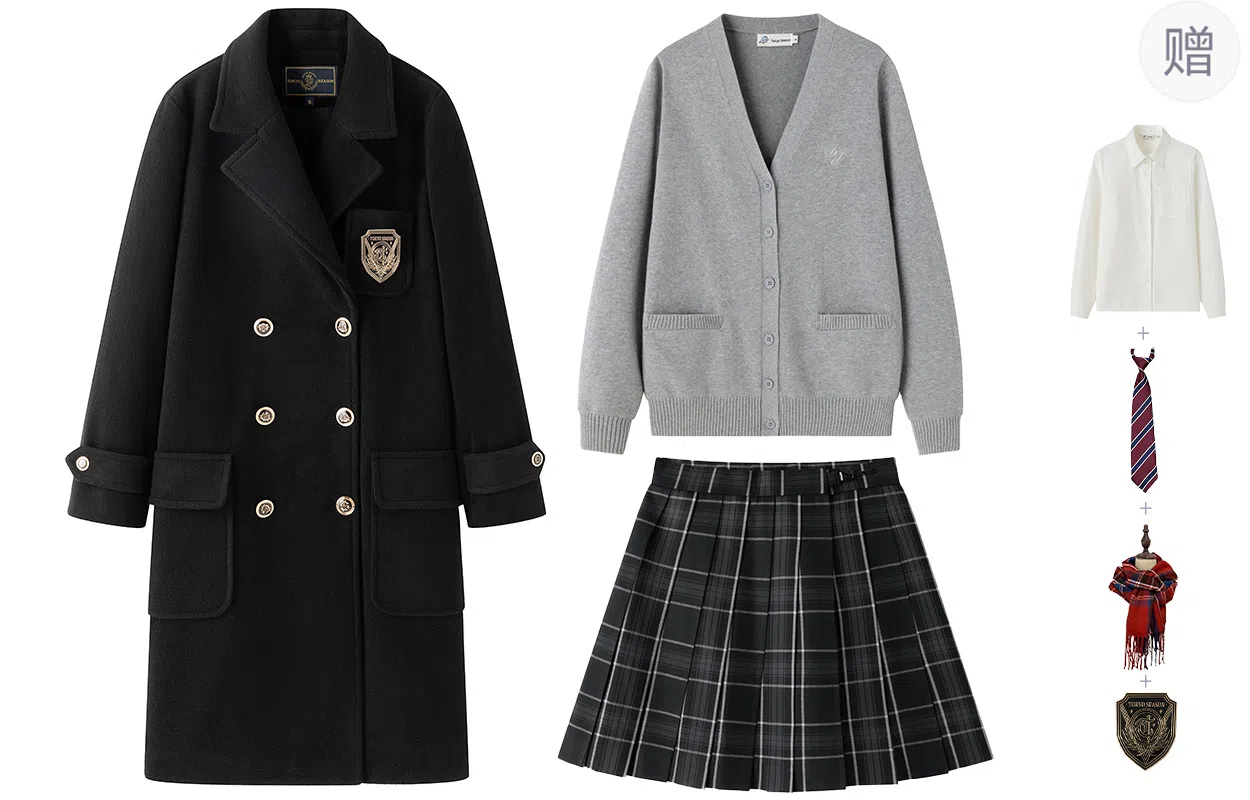 东鲸岁时记 韩剧穿搭保暖毛呢双排扣毛绒大衣针织开衫百褶裙制服 女款 黑色