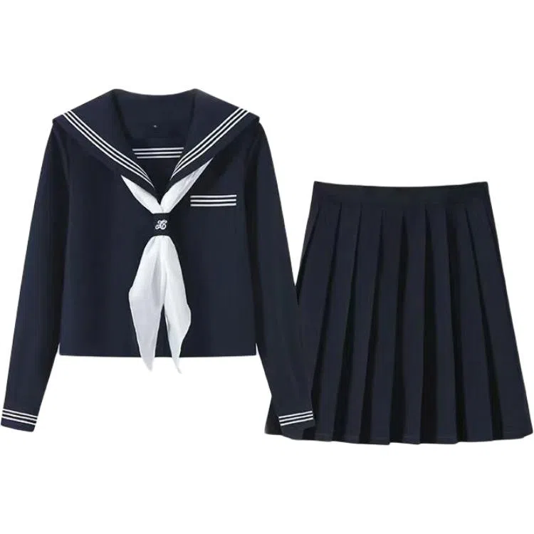 美丽衣橱 日系学院风海军领长袖衬衫纯色褶饰休闲短裙裙装套装 女款 藏蓝色