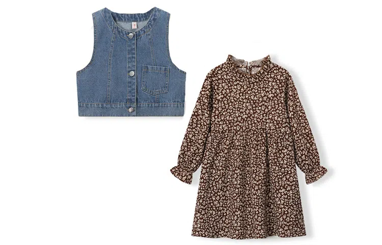 梦特娇 童装 圆领单排扣牛仔马甲碎花长袖连衣裙裙装套装 女童