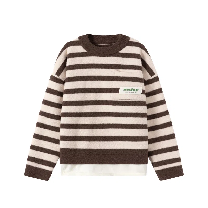 青蛙王子 简约字母舒适套头休闲百搭长袖毛衣 条纹棕色 儿童款