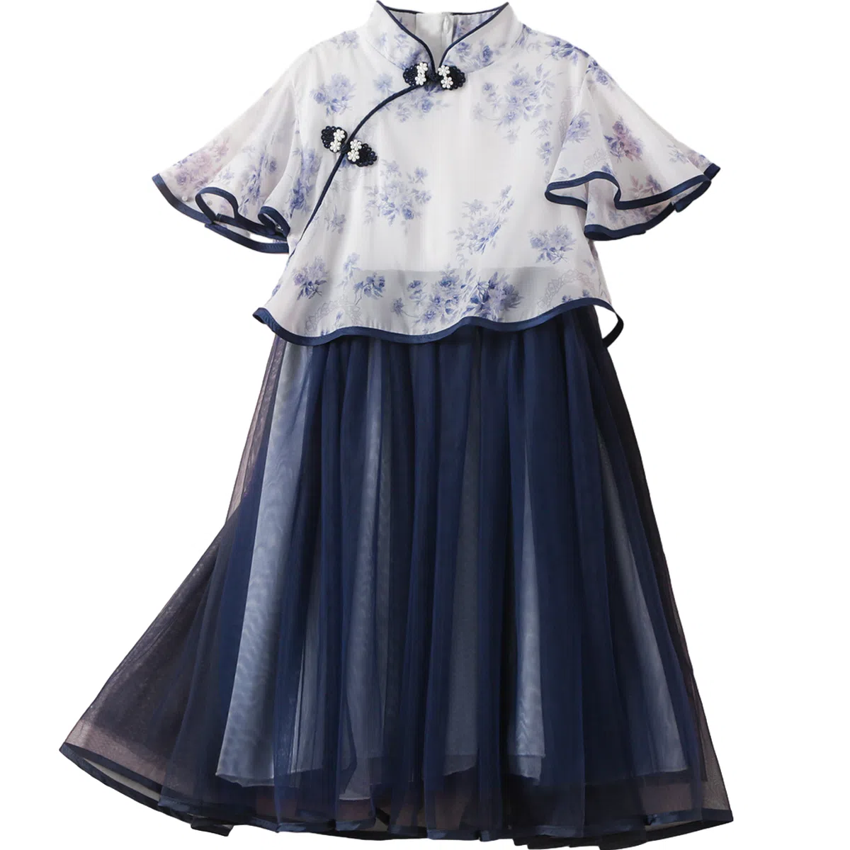 十月妈咪 中式国风短袖中长款网纱旗袍连衣裙汉服 夏 儿童款