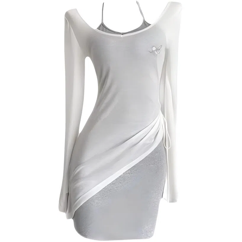 美丽衣橱 美式辣妹纯欲防晒罩衫薄款小个子挂脖背心上衣两件套长袖裙装套装 女款