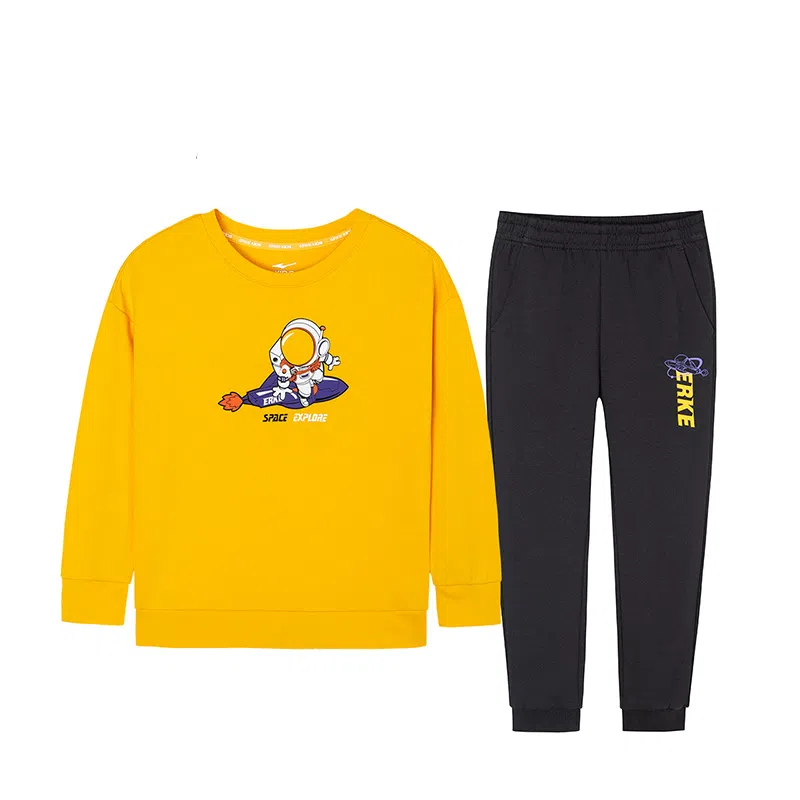 鸿星尔克儿童 童装 字母卡通套头圆领上衣宽松直筒长裤休闲运动套装 男童