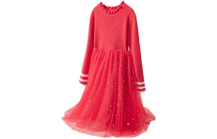 十月妈咪 童装 简约休闲舒适长袖儿童连衣裙 女童 宝石红