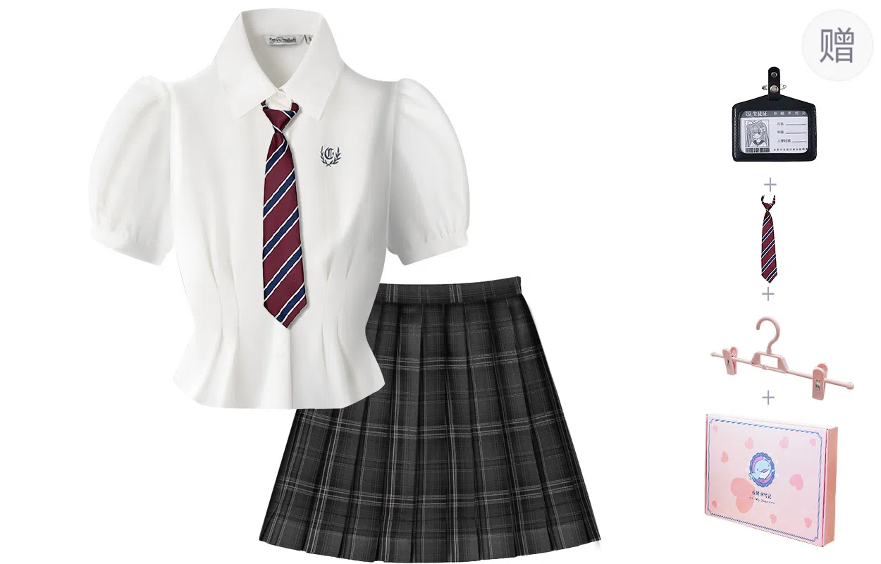 东鲸岁时记 通勤修身收腰短袖衬衫短款学院风格子半身裙制服 女款