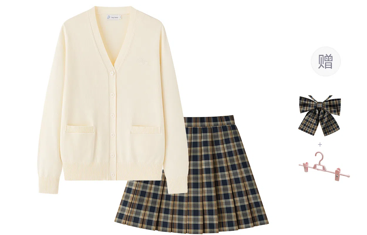 东鲸岁时记 高级感温柔学院风纯色长袖开衫针织衫格子百褶短裙制服 女款