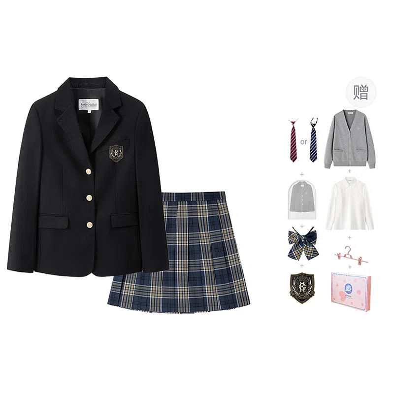 东鲸岁时记 学院风西装领长袖刺绣格子百褶短裙制服 女款 礼盒装