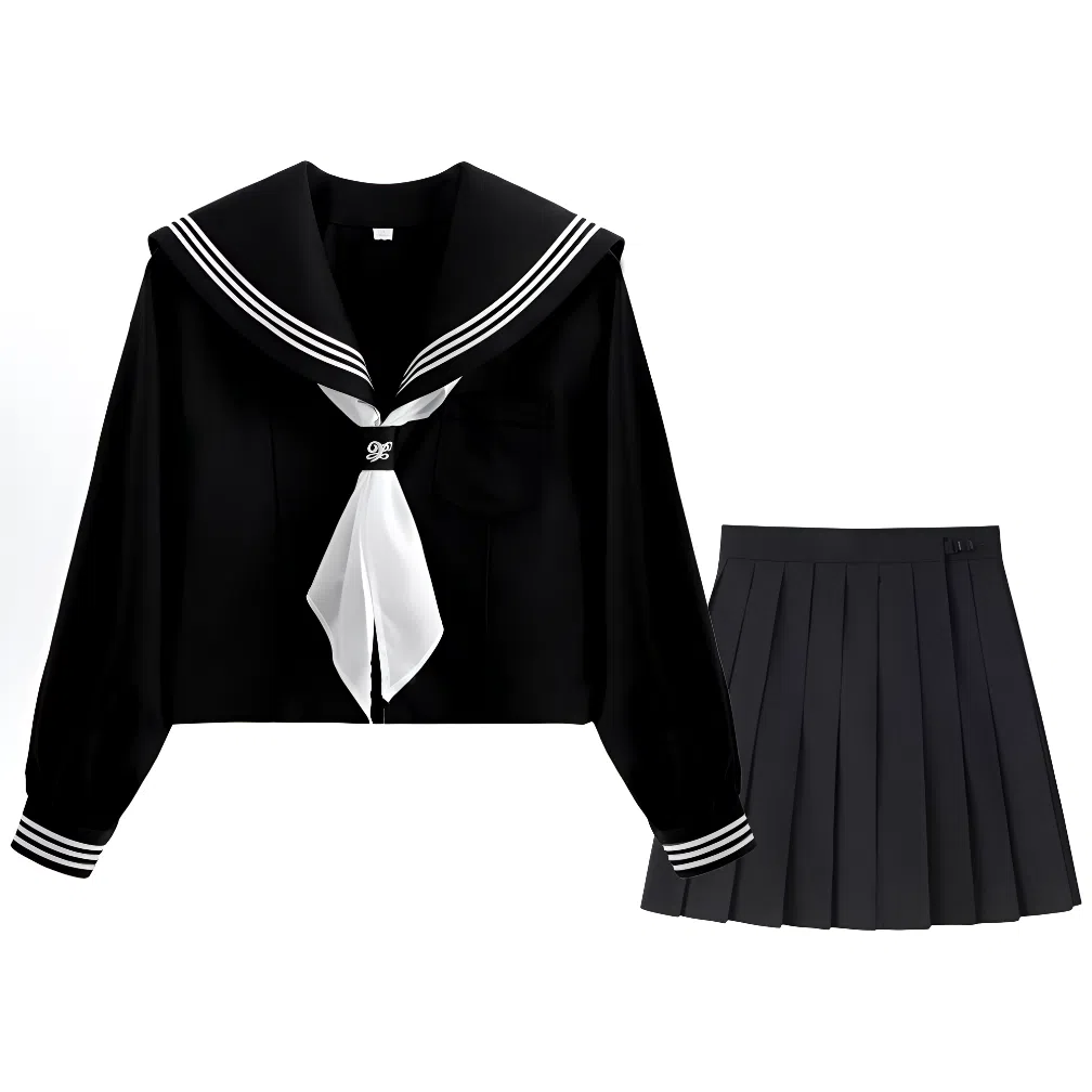 美丽衣橱 日系学院风海军领长袖衬衫纯色褶饰休闲短裙裙装套装 女款 藏蓝色