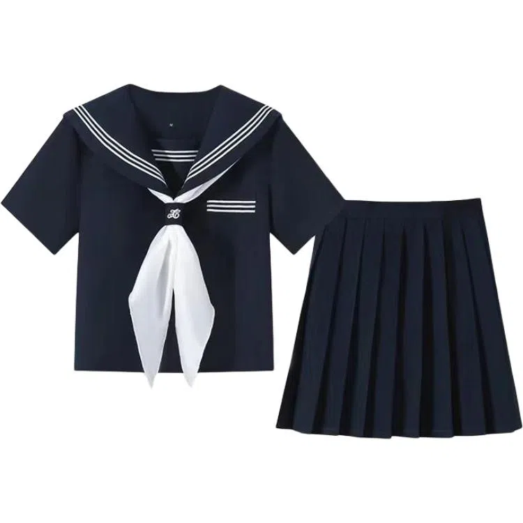 美丽衣橱 日系学院风海军领长袖衬衫纯色褶饰休闲短裙裙装套装 女款 藏蓝色