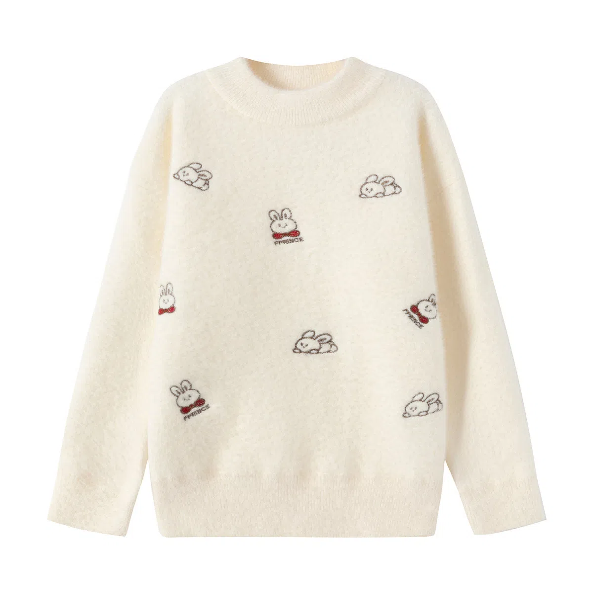 青蛙王子 时尚洋气圆领小兔子印花长袖毛衣 杏色 中小童