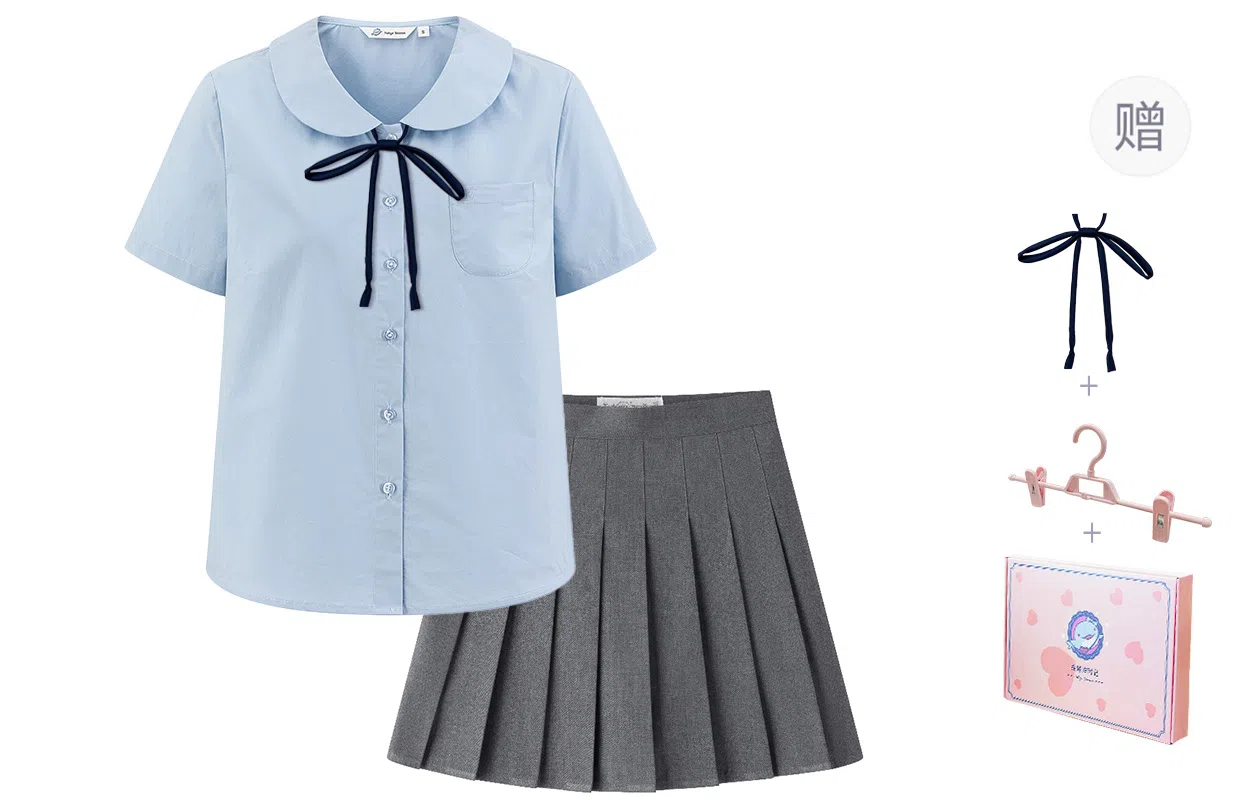 东鲸岁时记 学院风短袖衬衫显瘦百褶裙制服 女款 蓝/灰