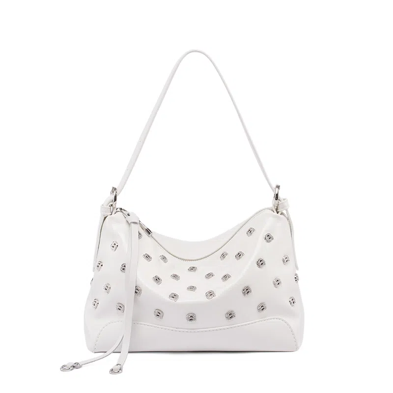 老人头 洋气小众潮流百搭手工镶钻上班通勤时髦松弛慵懒感 聚氨酯拼合成革 腋下包斜挎单肩包 女款 米白色