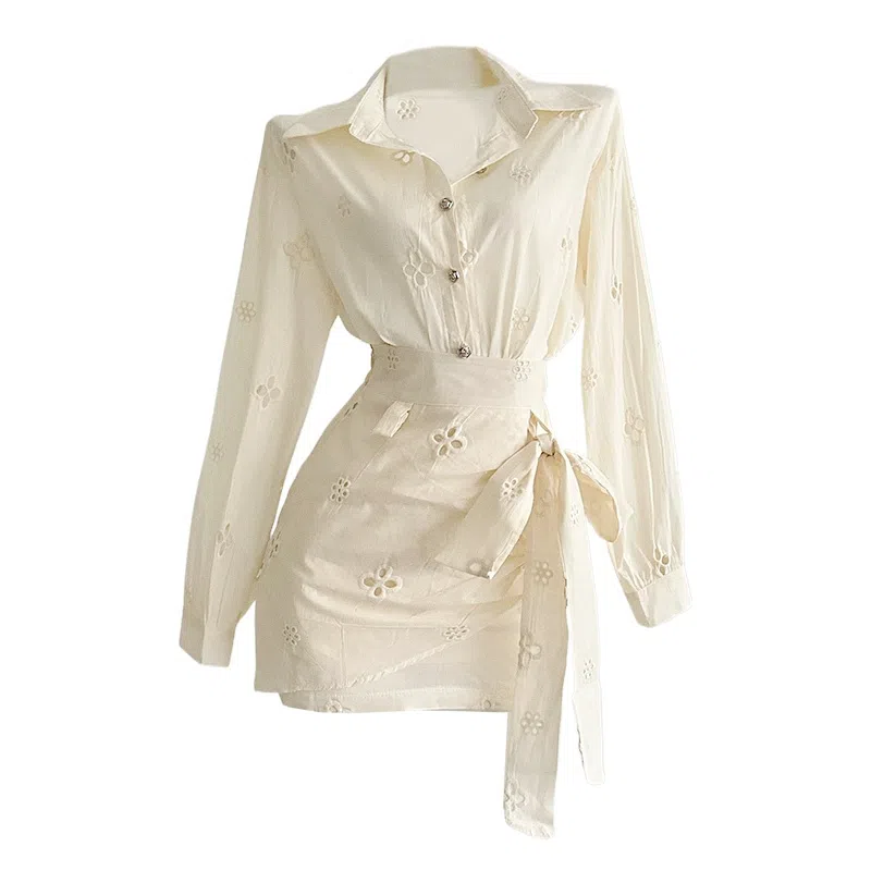 木清清 法式长袖衬衫气质高腰收腰绑带半身裙裙装套装 女款