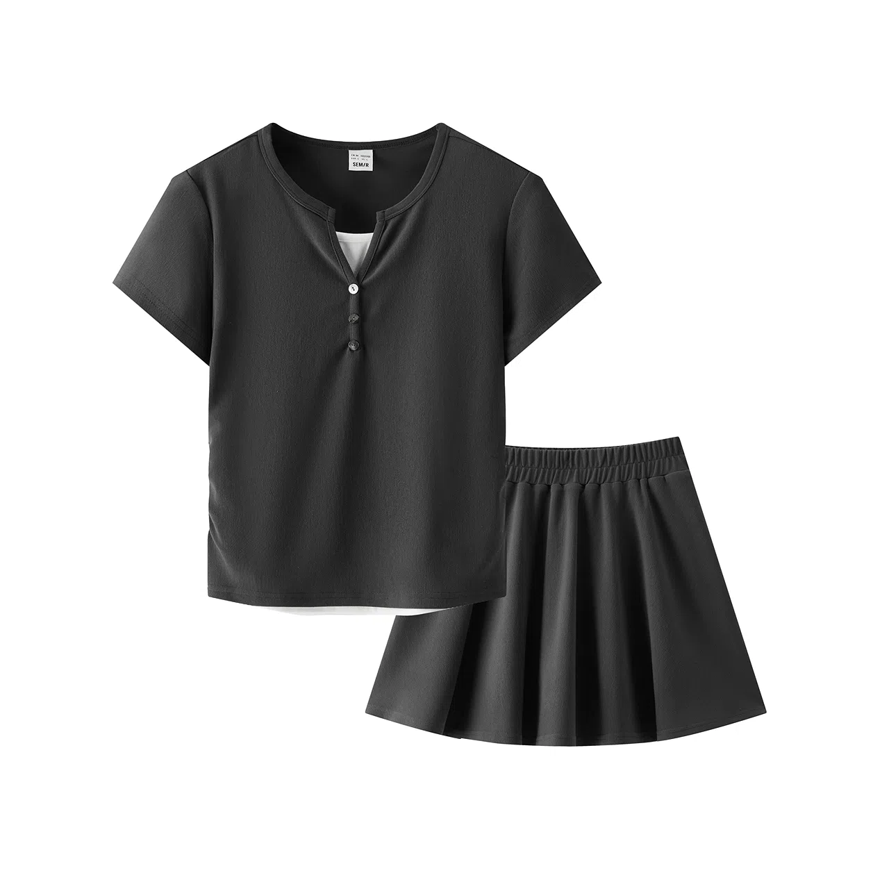 森马 短款假两件上衣松紧腰纯色伞裙裙装套装 女款