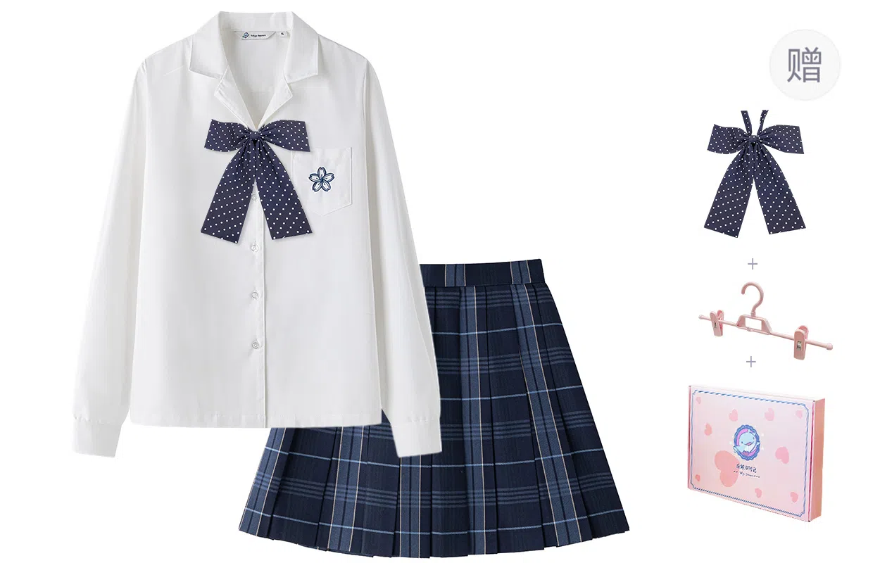 东鲸岁时记 学院风刺绣蝴蝶结直筒长袖衬衫高腰半身裙制服 女款
