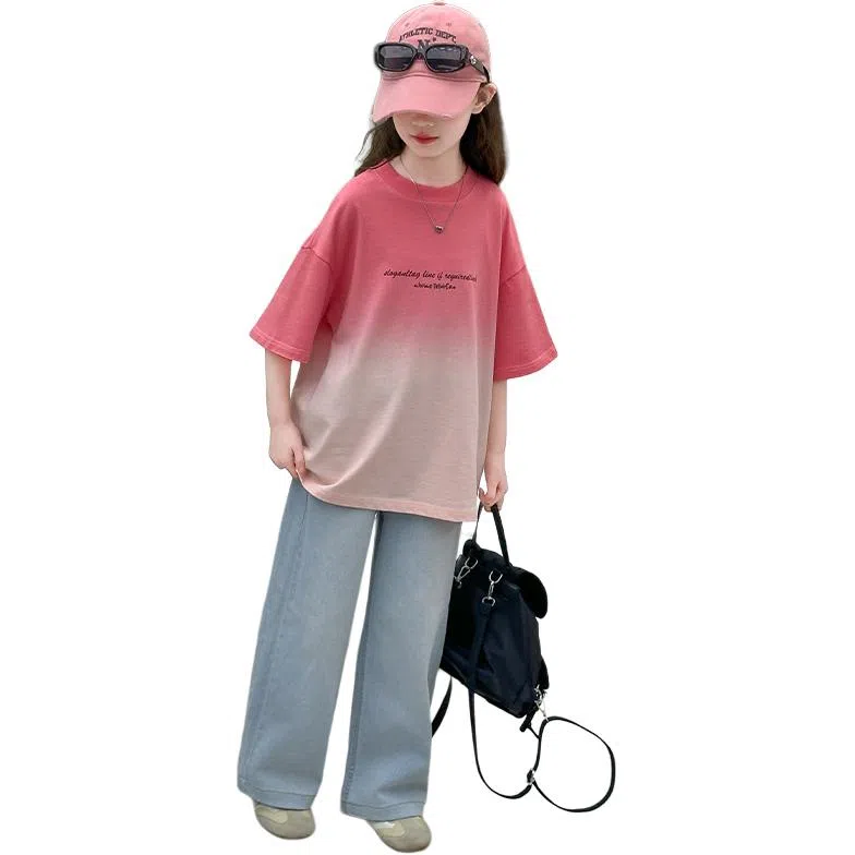 木木屋休闲运动套装 时尚渐变短袖搭配百搭舒适牛仔裤 西瓜红 青少年