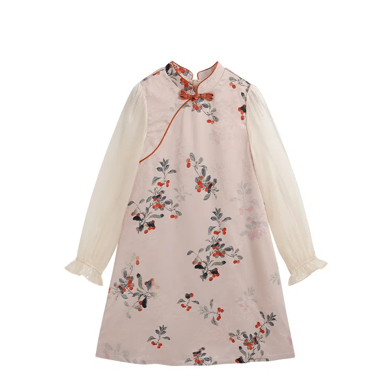 英氏 新中式立领中长款国风长袖连衣裙 青少年