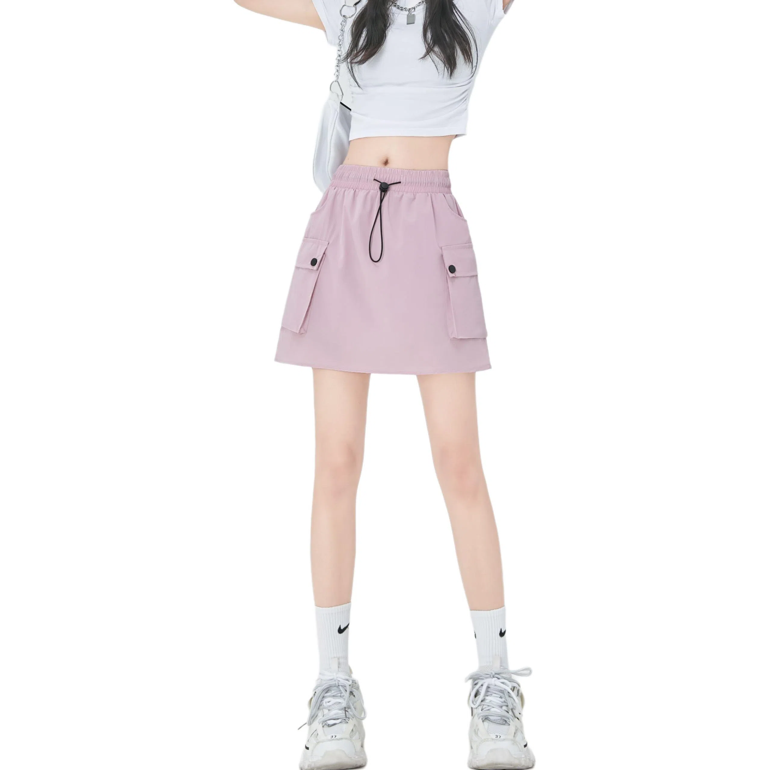 欧迪芬 高腰抽绳显瘦百搭半身裙工装短裙 女款