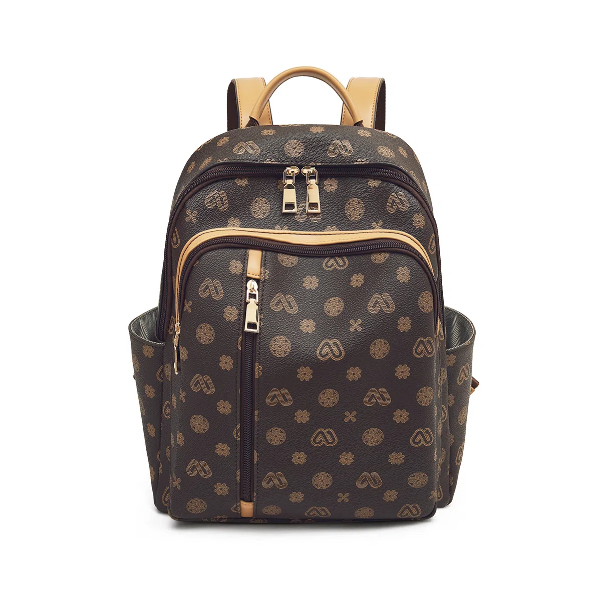 老人头 经典时尚大容量轻便出行百搭通勤 合成革 双肩包 女款 咖色