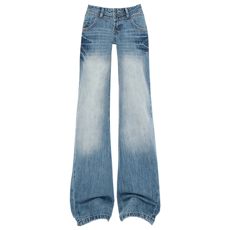 拾籍 美式复古水阔腿低腰宽松牛仔裤 女款