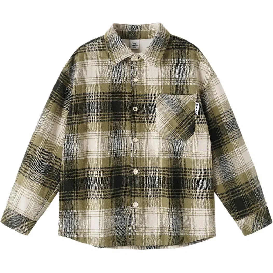 青蛙王子 翻领时尚简约开衫长袖衬衫 格子绿 青少年