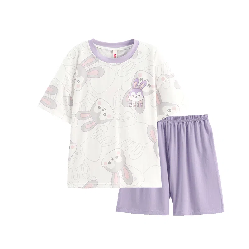 儿童款 芬腾 纯棉短袖圆领卡通可爱睡衣套装 香芋紫