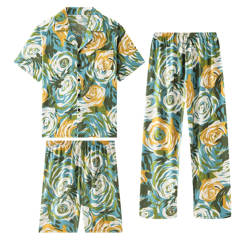 兰缪 薄款冰丝短袖长裤家居服夏季睡衣套装 男款