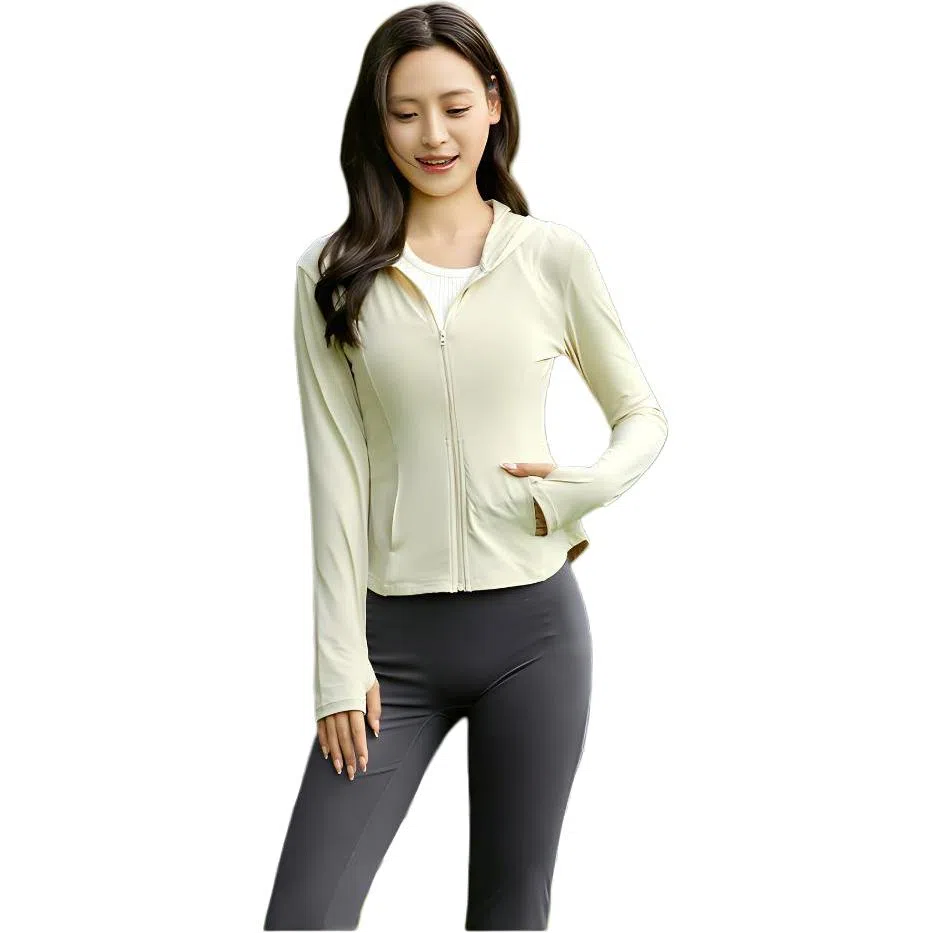 欧迪芬 修身连帽春夏冰丝防晒服凉感短款显瘦外套微喇叭裤两件套速干时尚运动风轻盈舒适感防晒衣透气性好时尚设计显瘦效果健身套装 女款