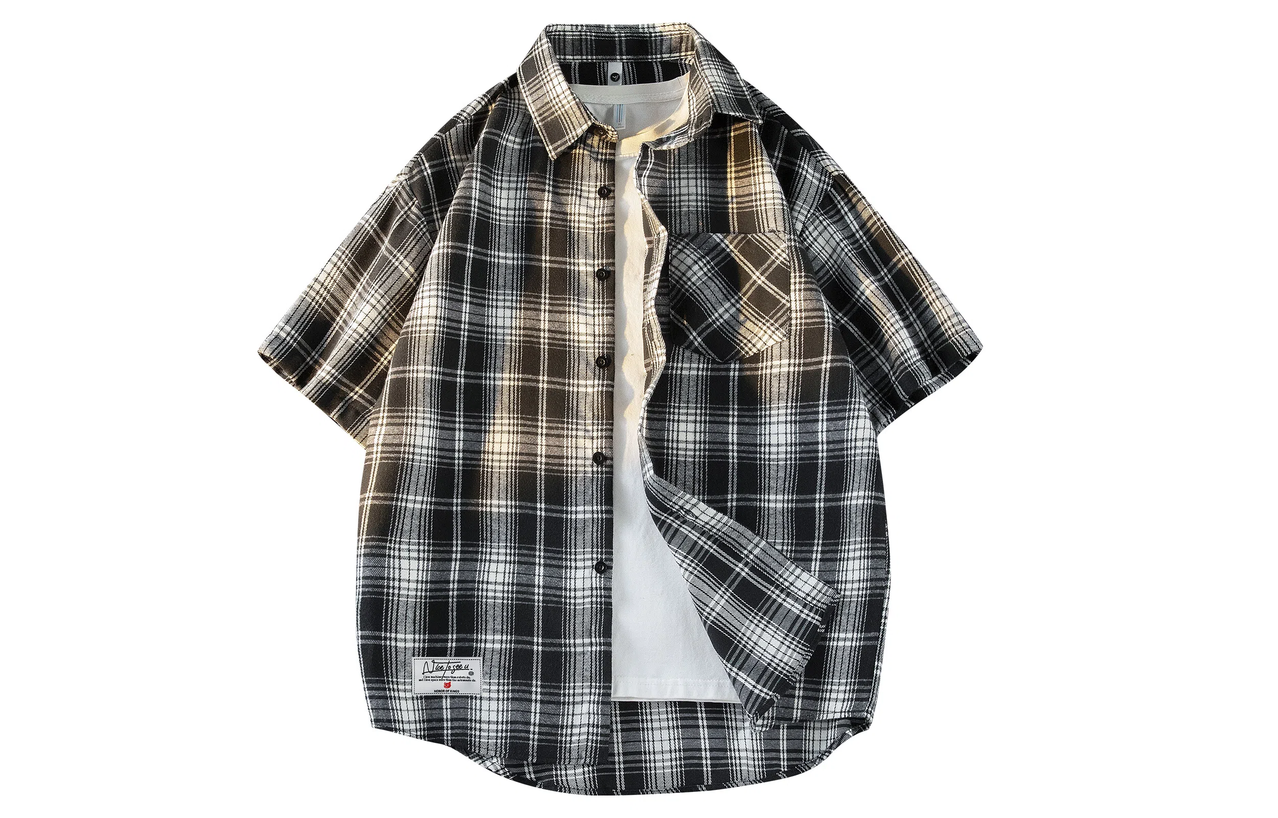 王者荣耀 标语款 美式复古格子宽松休闲舒适高街少年感高颜值百搭时尚潮流翻领纽扣短袖衬衫 男女同款