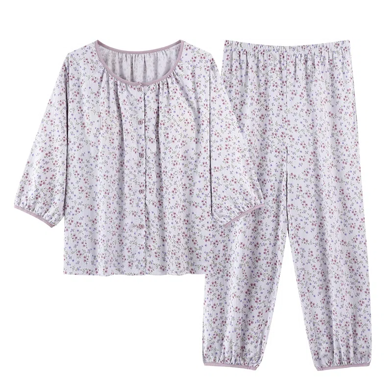 莫代尔 可外穿的带胸垫清新轻盈亲肤舒适柔软开衫圆润纽扣时尚休闲七分袖长裤家居服春夏季睡衣套装 女款