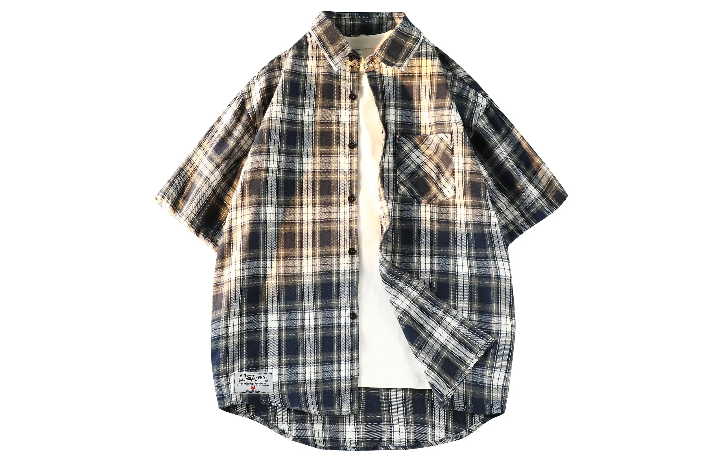 王者荣耀 标语款 美式复古格子宽松休闲舒适高街少年感高颜值百搭时尚潮流翻领纽扣短袖衬衫 男女同款