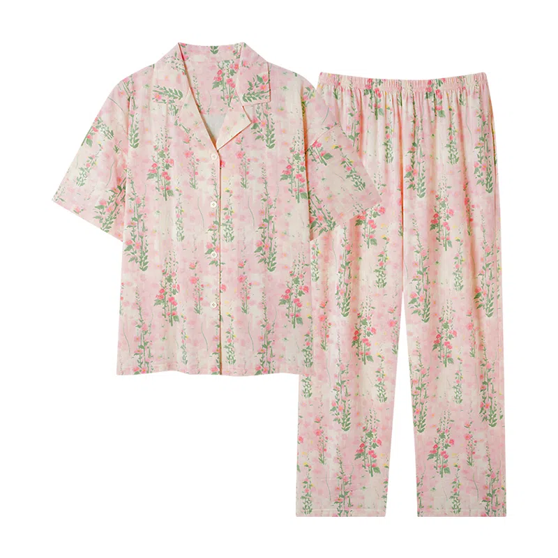 莫代尔 韩版时尚翻领开衫气质百搭轻盈透气舒适柔软细腻短袖长裤家居服可外穿睡衣套装 女款